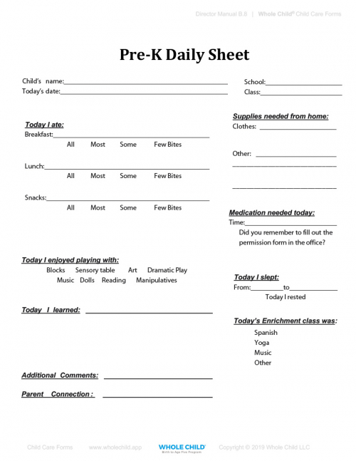 Pre-K Daily Sheet