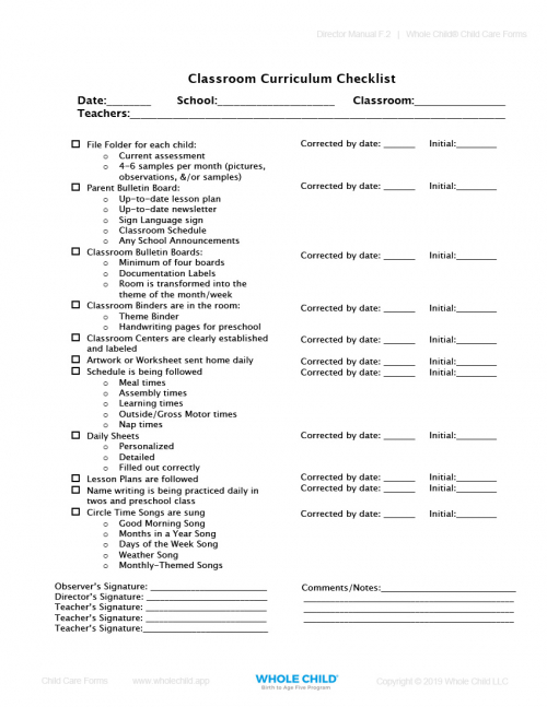 Classroom Curriculum Checklist