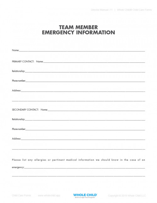 Team Member Emergency Information