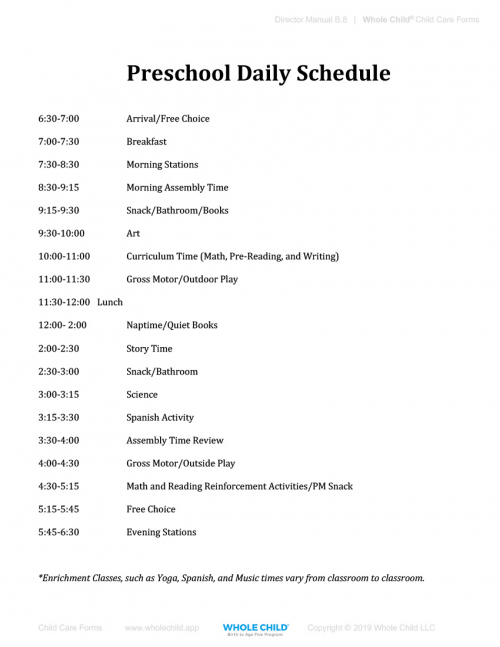 preschool classroom daily schedule template